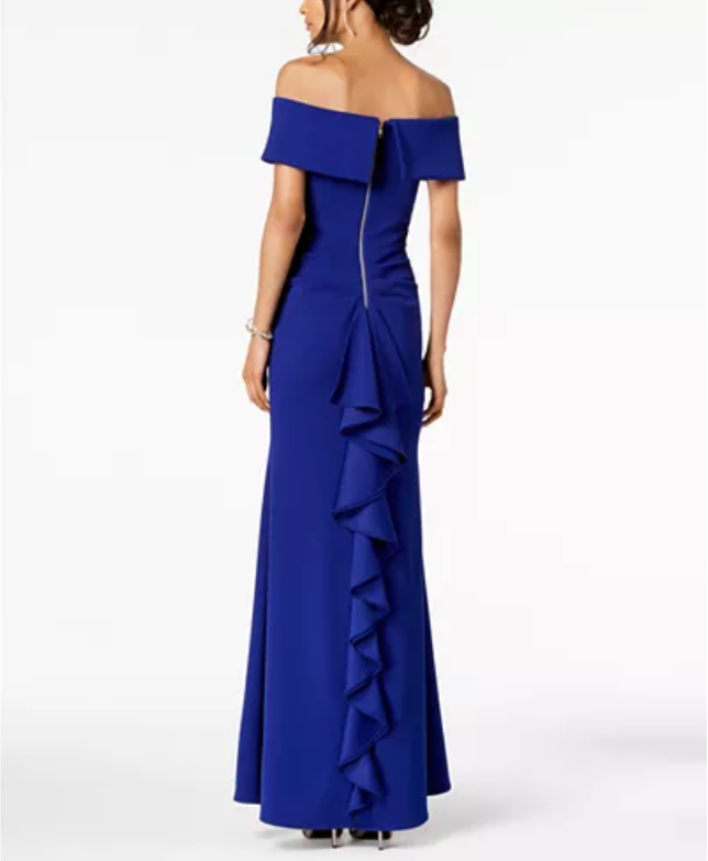 betsy and adam ruffled back off the shoulder gown